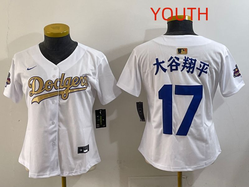 Youth Los Angeles Dodgers #17 Ohtani White Champion edition Nike MLB Jersey style 001->women mlb jersey->Women Jersey